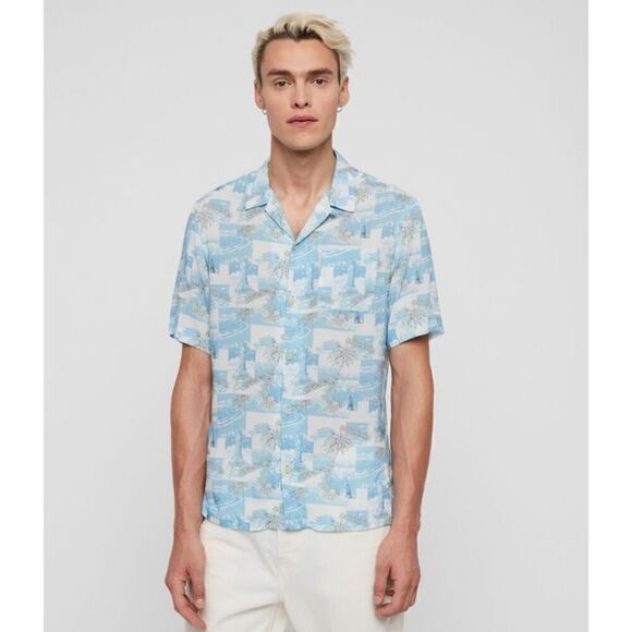 ALLSAINTS Men’s Tropical Hawaiian Sayonara Shirt In Aqua Blue - Picture 2 of 10